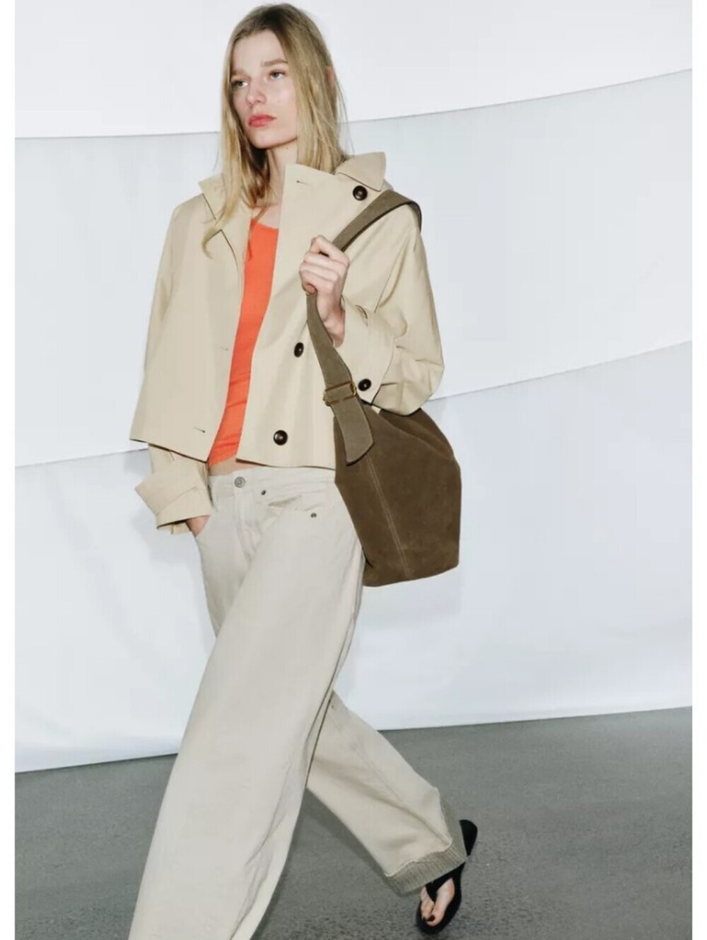 Zara ZW Collection Cropped Water Resistant Beige Trench Coat Jacket - Picture 3 of 12